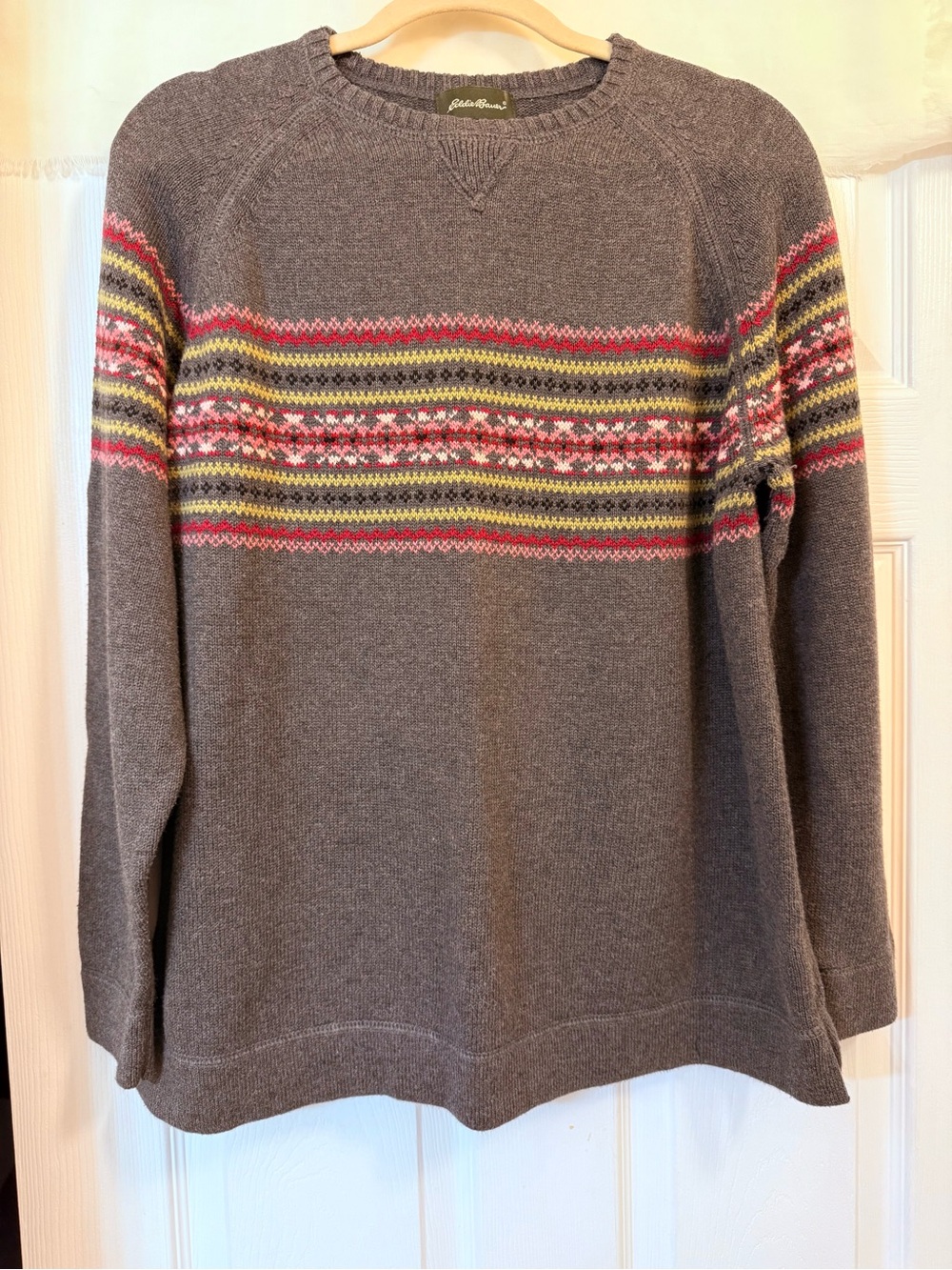 Eddie Bauer Grey Crewneck Sweater with Multicolor Fair Isle Yoke Sz XL Women’s